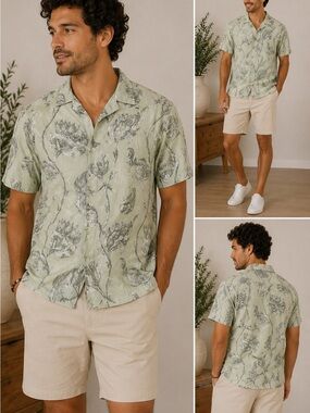 E.T.A Relaxed Fit Green Botanical Print Button Up Shirt Size S NWT